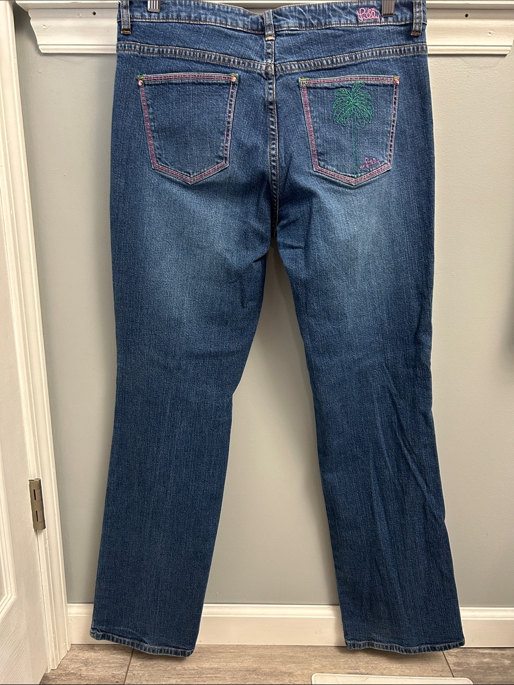 Lilly Pulitzer Vintage Palm Tree Embroidered Straight Leg Jeans Dark Wash Sz 12